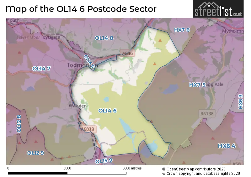 Map of the OL14 6 and surrounding postcode sector