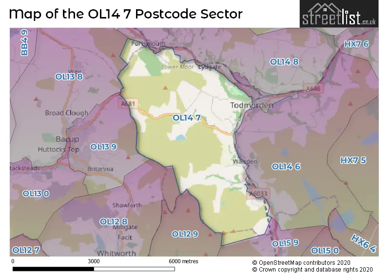 Map of the OL14 7 and surrounding postcode sector