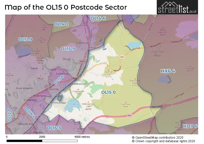 Map of the OL15 0 and surrounding postcode sector