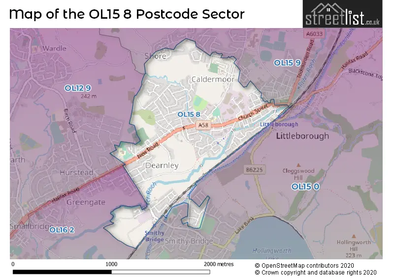 Map of the OL15 8 and surrounding postcode sector