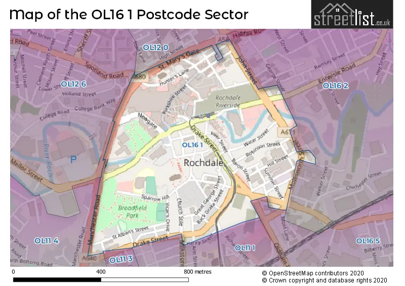 Map of the OL16 1 and surrounding postcode sector
