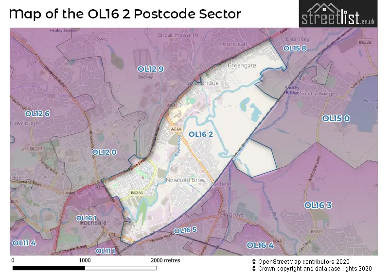 Map of the OL16 2 and surrounding postcode sector
