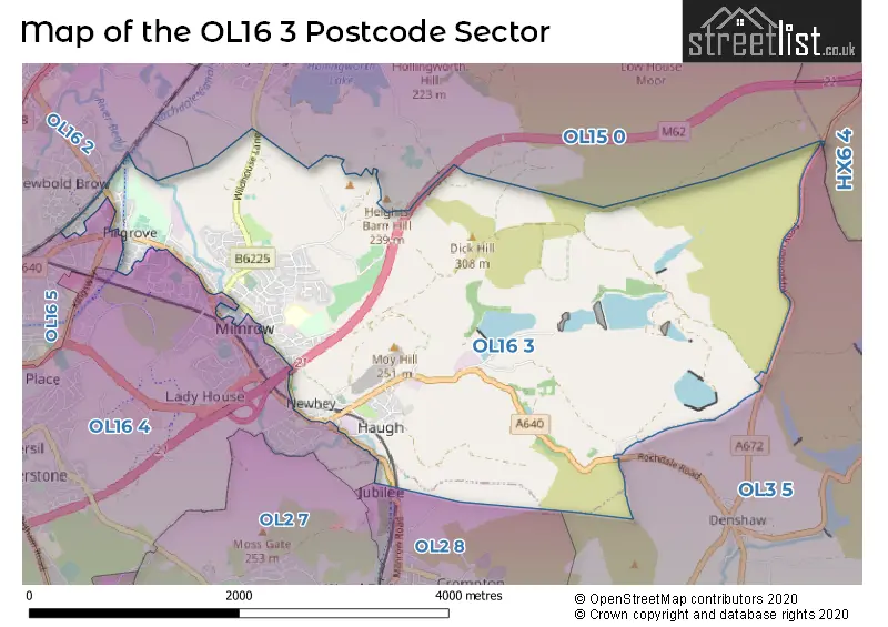 Map of the OL16 3 and surrounding postcode sector