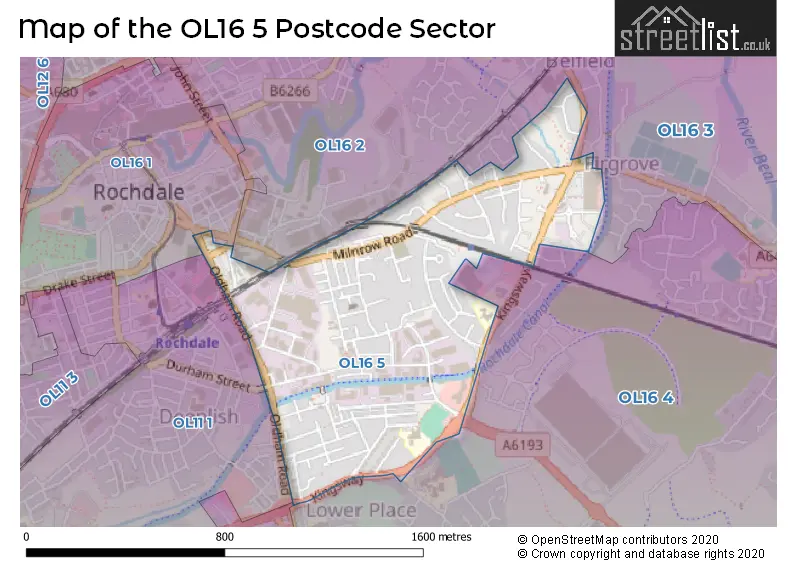 Map of the OL16 5 and surrounding postcode sector
