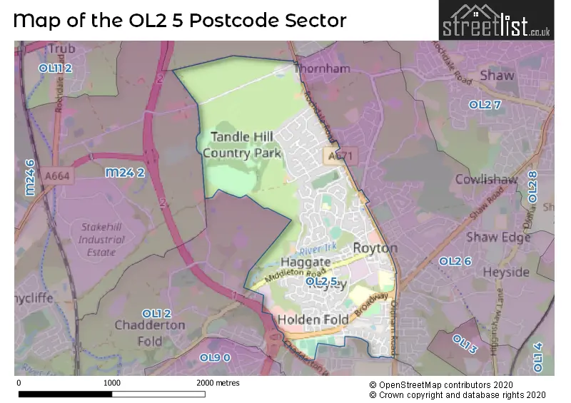 Map of the OL2 5 and surrounding postcode sector