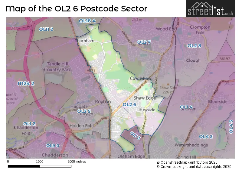 Map of the OL2 6 and surrounding postcode sector