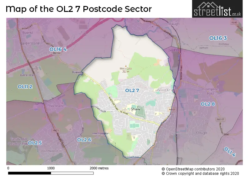 Map of the OL2 7 and surrounding postcode sector