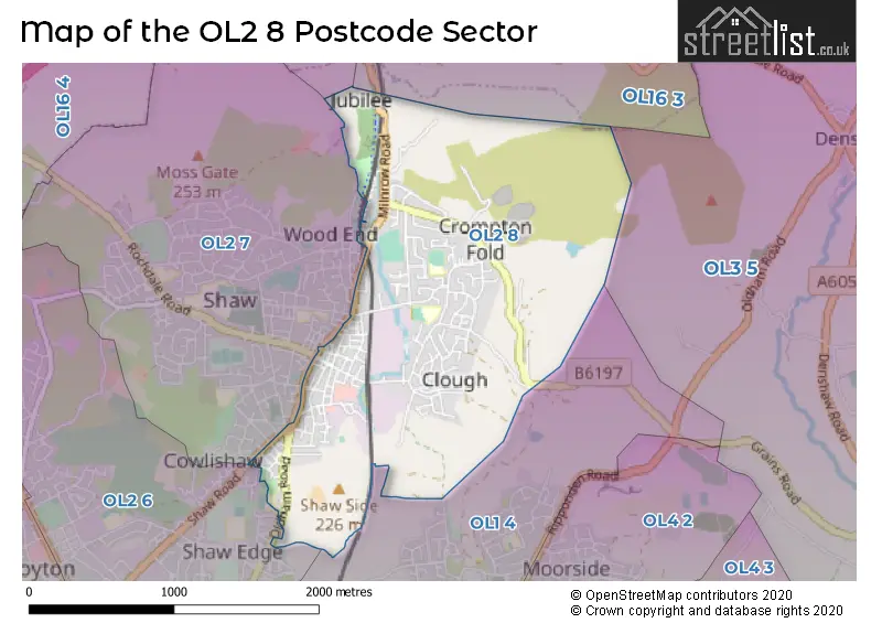 Map of the OL2 8 and surrounding postcode sector