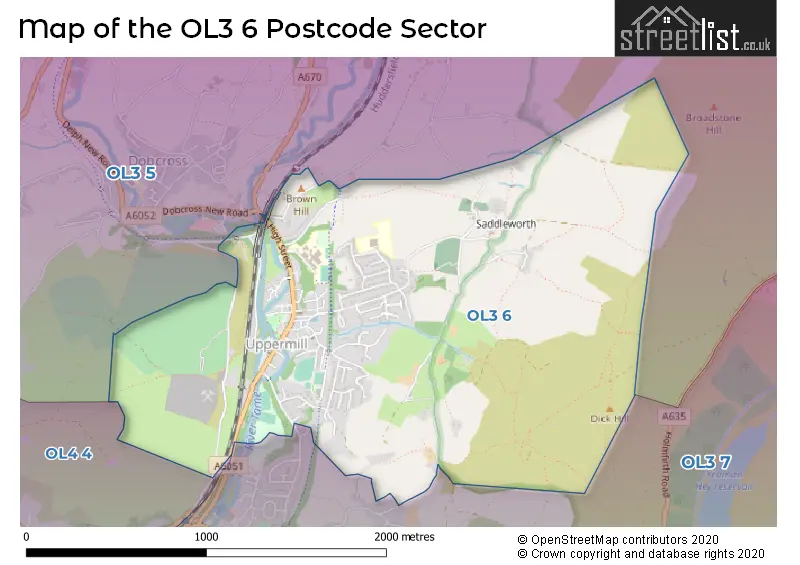 Map of the OL3 6 and surrounding postcode sector