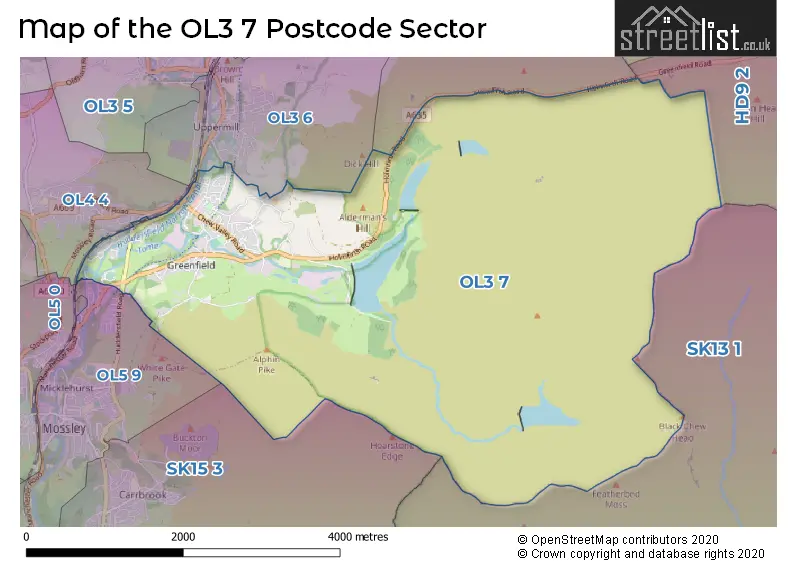 Map of the OL3 7 and surrounding postcode sector