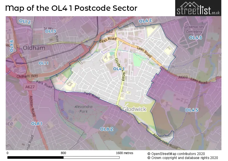 Map of the OL4 1 and surrounding postcode sector