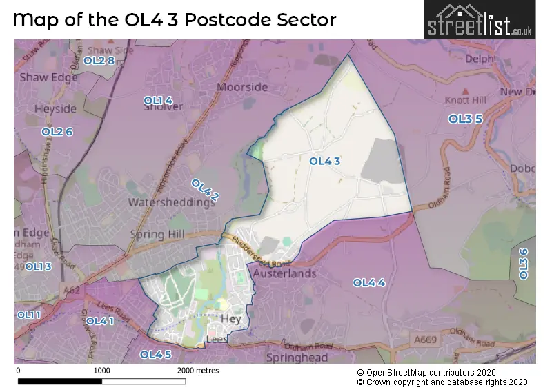 Map of the OL4 3 and surrounding postcode sector