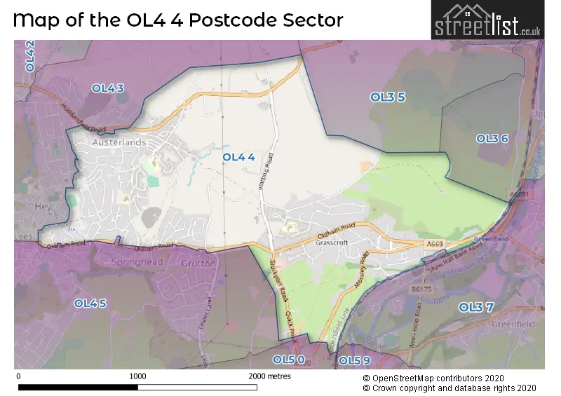 Map of the OL4 4 and surrounding postcode sector