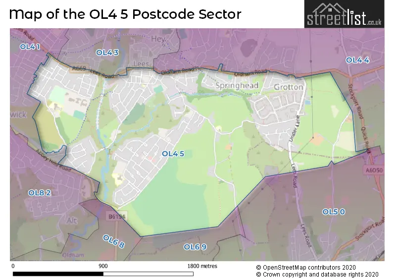 Map of the OL4 5 and surrounding postcode sector