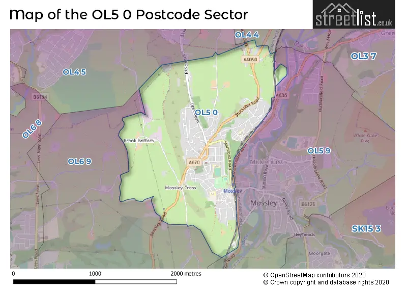 Map of the OL5 0 and surrounding postcode sector