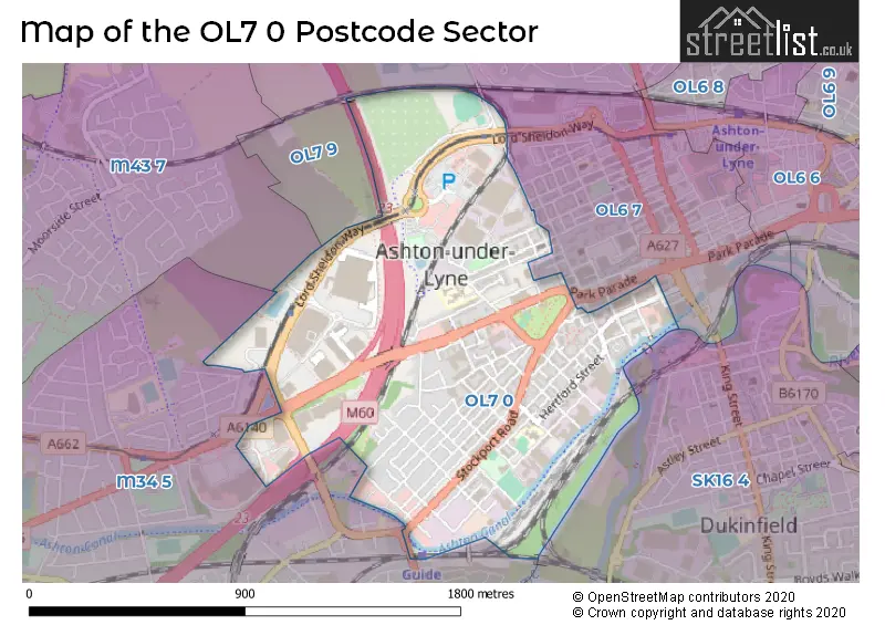 Map of the OL7 0 and surrounding postcode sector