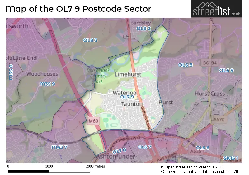 Map of the OL7 9 and surrounding postcode sector