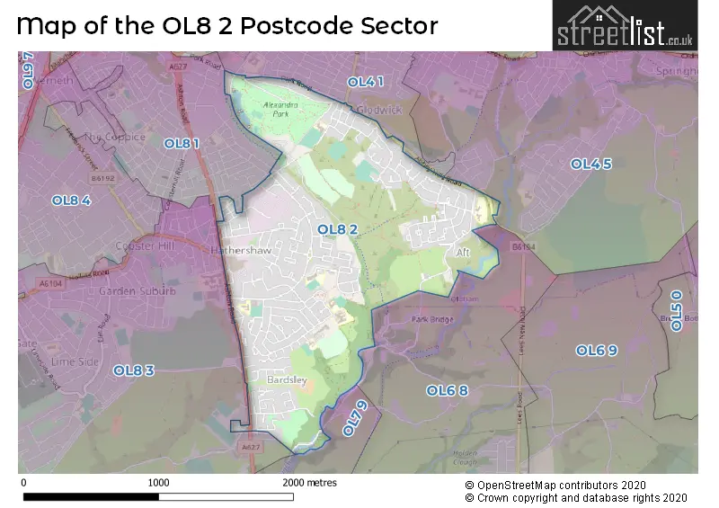 Map of the OL8 2 and surrounding postcode sector
