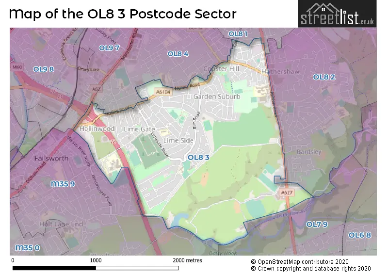 Map of the OL8 3 and surrounding postcode sector