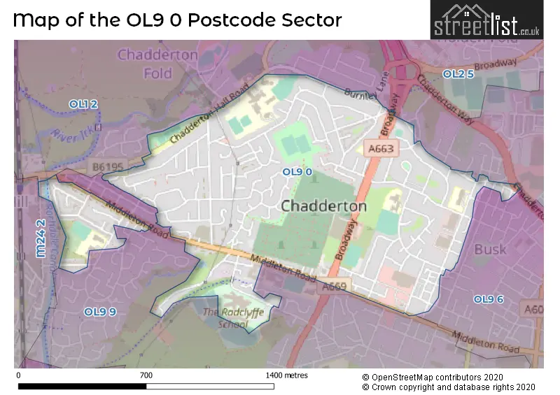 Map of the OL9 0 and surrounding postcode sector