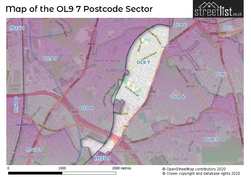 Map of the OL9 7 and surrounding postcode sector