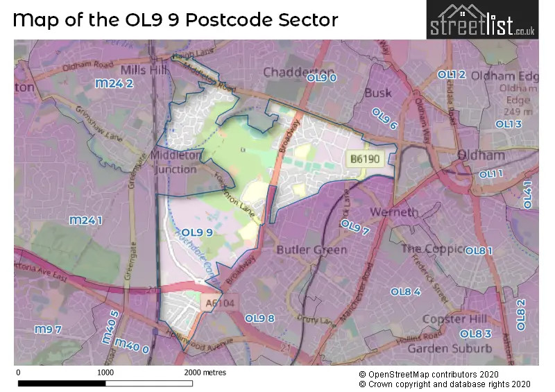 Map of the OL9 9 and surrounding postcode sector
