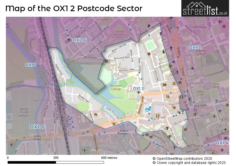 Map of the OX1 2 and surrounding postcode sector
