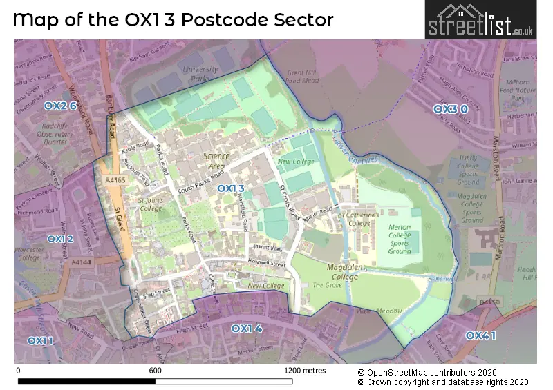 Map of the OX1 3 and surrounding postcode sector