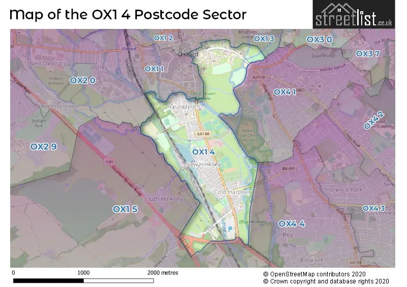 Map of the OX1 4 and surrounding postcode sector