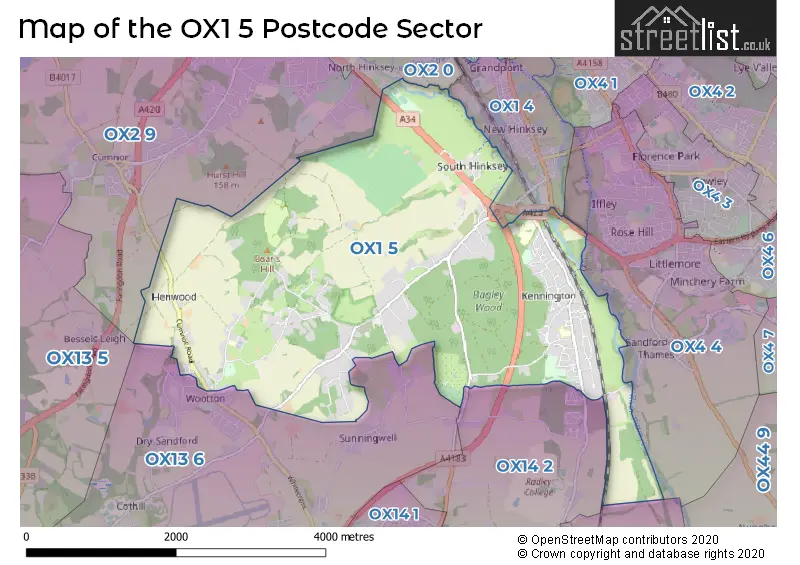 Map of the OX1 5 and surrounding postcode sector