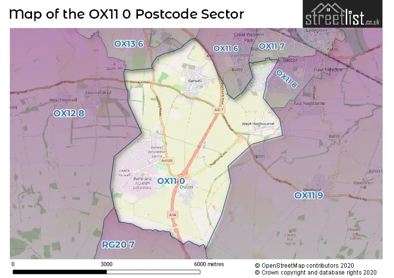 Map of the OX11 0 and surrounding postcode sector