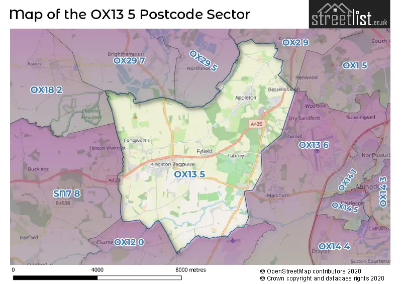 Map of the OX13 5 and surrounding postcode sector