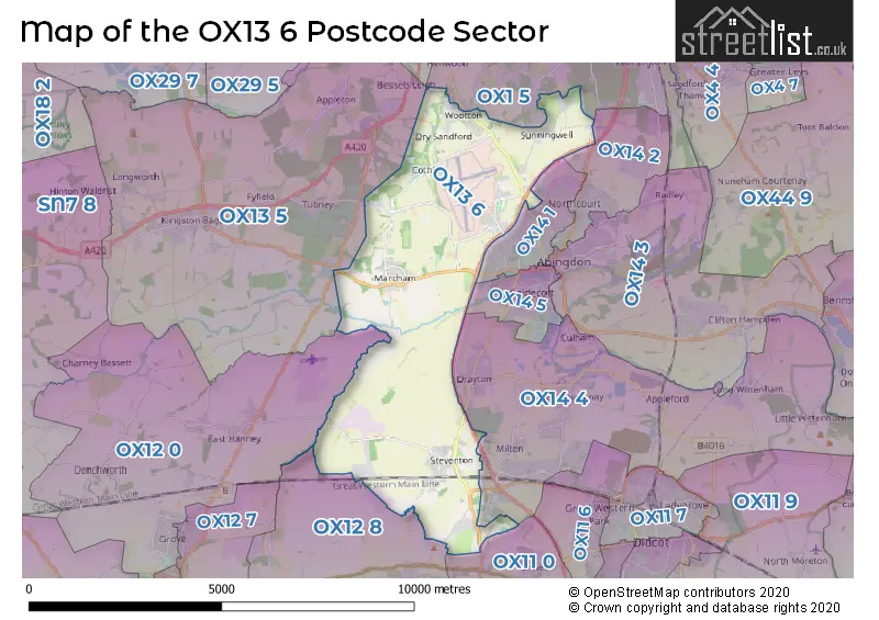 Map of the OX13 6 and surrounding postcode sector