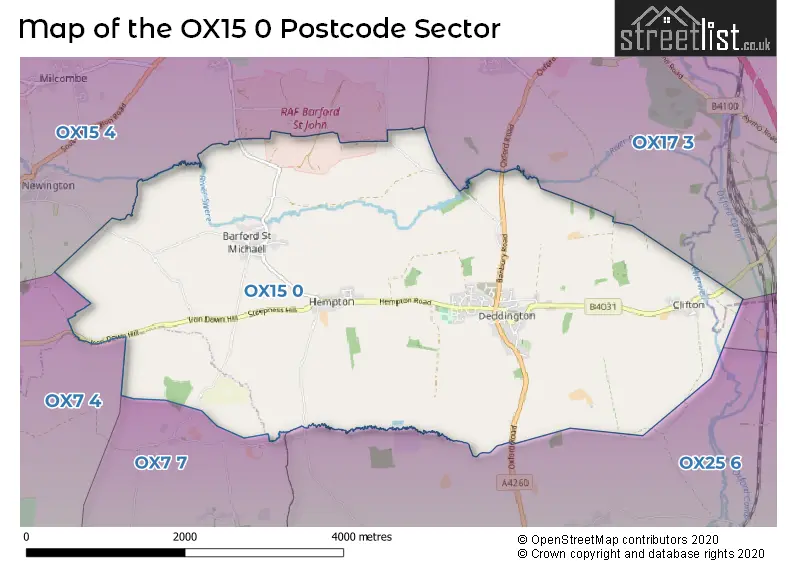 Map of the OX15 0 and surrounding postcode sector