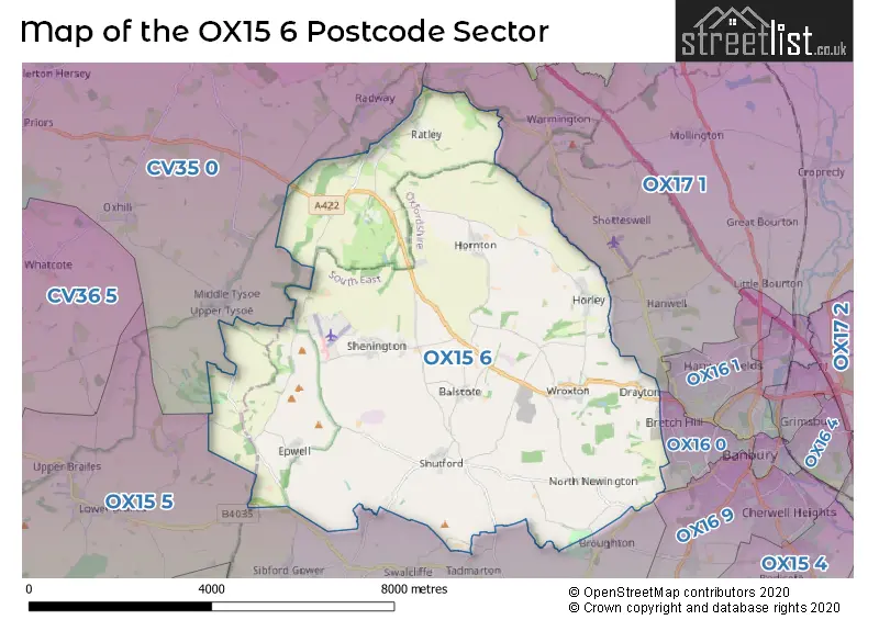 Map of the OX15 6 and surrounding postcode sector