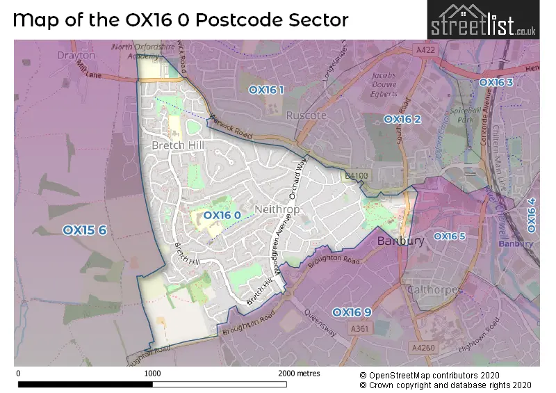 Map of the OX16 0 and surrounding postcode sector