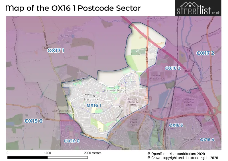 Map of the OX16 1 and surrounding postcode sector