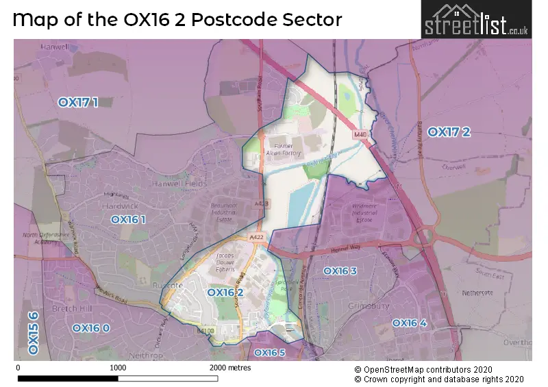 Map of the OX16 2 and surrounding postcode sector