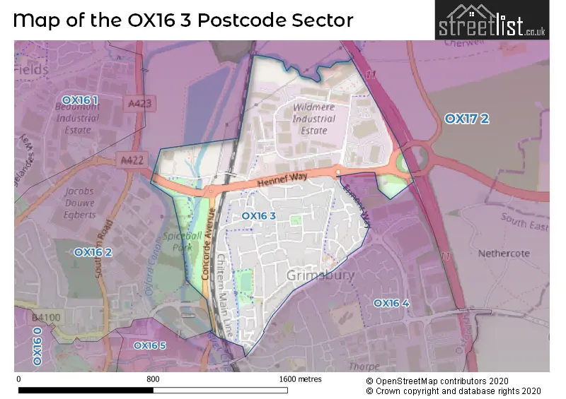 Map of the OX16 3 and surrounding postcode sector