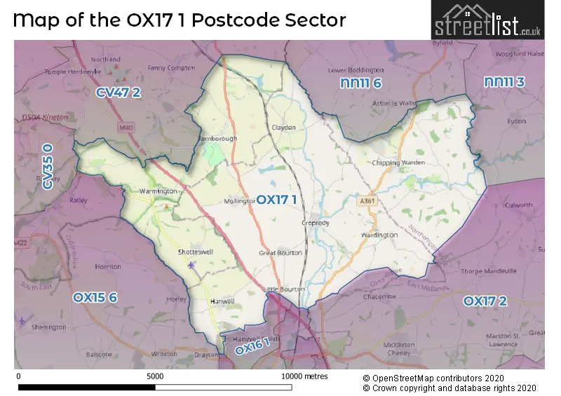 Map of the OX17 1 and surrounding postcode sector