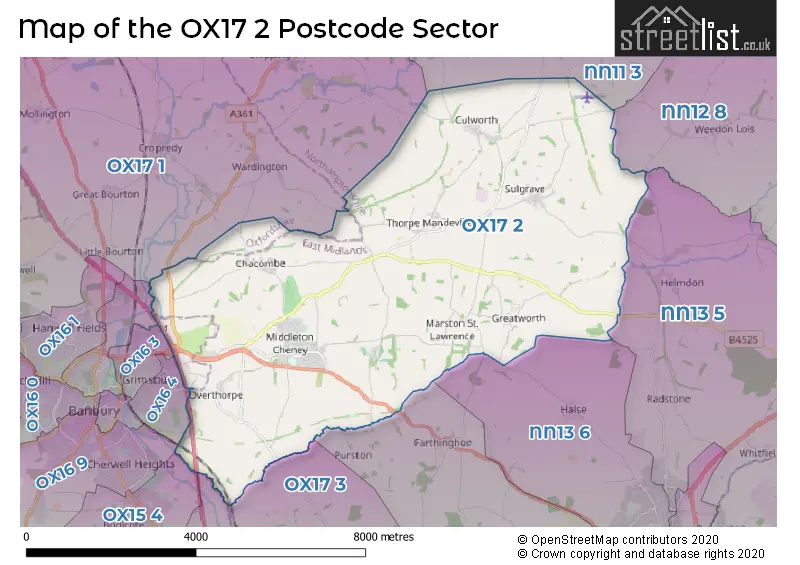 Map of the OX17 2 and surrounding postcode sector