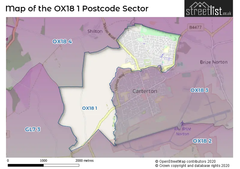 Map of the OX18 1 and surrounding postcode sector