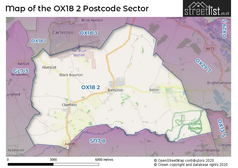 Map of the OX18 2 and surrounding postcode sector