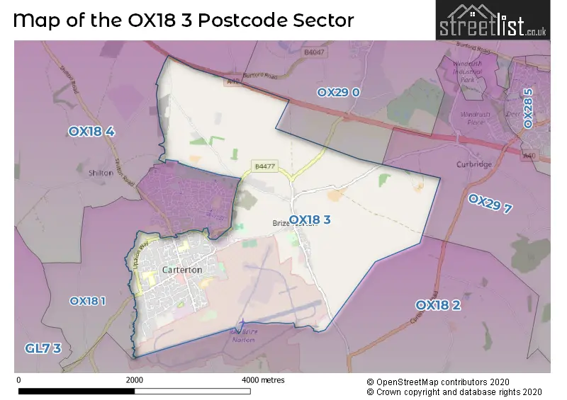 Map of the OX18 3 and surrounding postcode sector