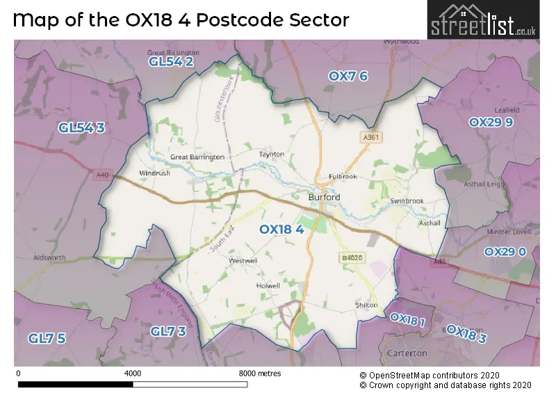 Map of the OX18 4 and surrounding postcode sector