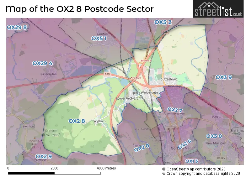 Map of the OX2 8 and surrounding postcode sector