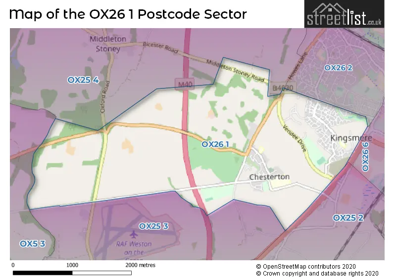 Map of the OX26 1 and surrounding postcode sector