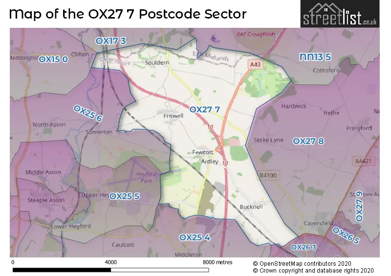 Map of the OX27 7 and surrounding postcode sector
