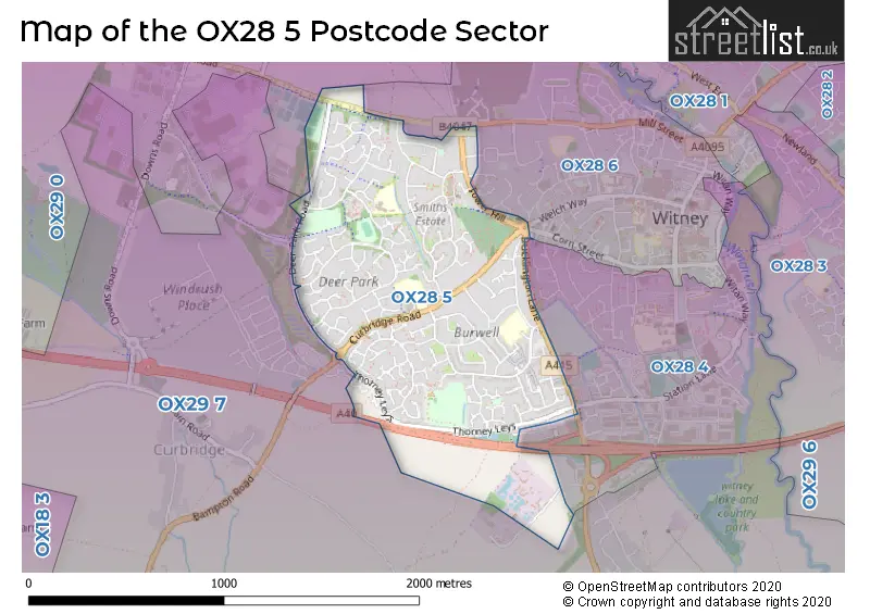 Map of the OX28 5 and surrounding postcode sector