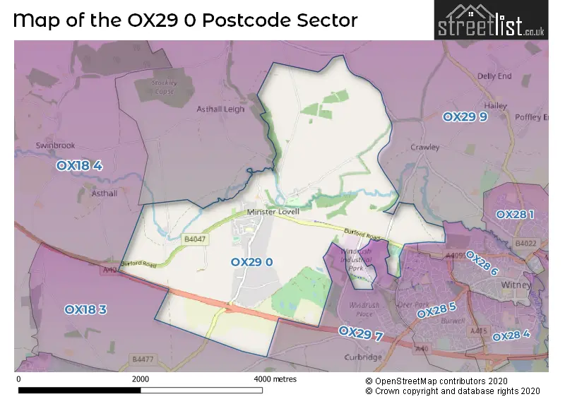 Map of the OX29 0 and surrounding postcode sector